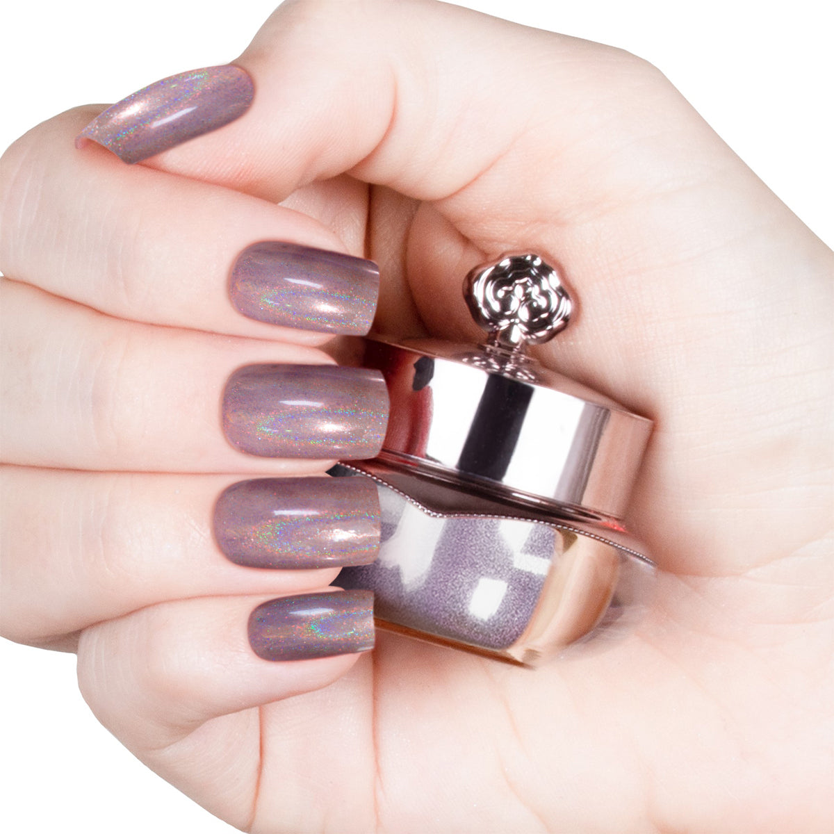 Nails featuring a smoky purple holographic powder with intense sparkle and multidimensional shine.
