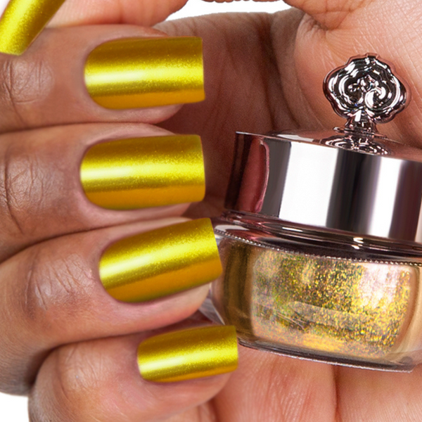 A shimmering silver shade with a metallic finish.A bright gold shade with shimmer