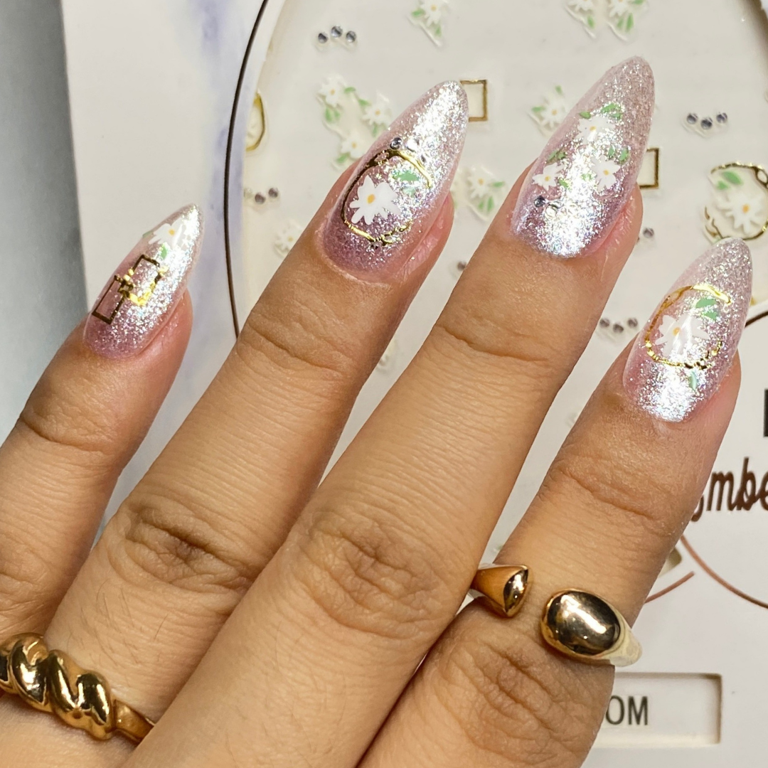 Golden Bloom - Nail Embellishment finished manicure